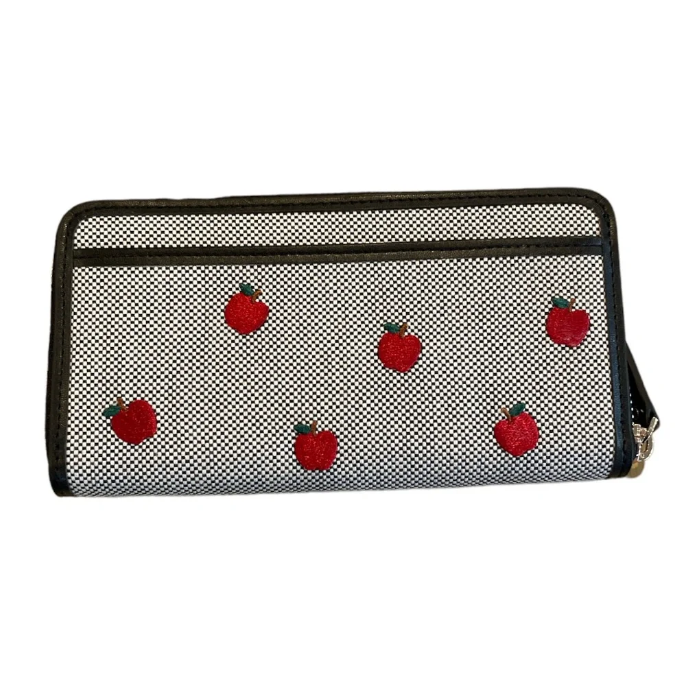 Kate Spade Apple Embroidered Toss Zip Around Wallet Black White Red